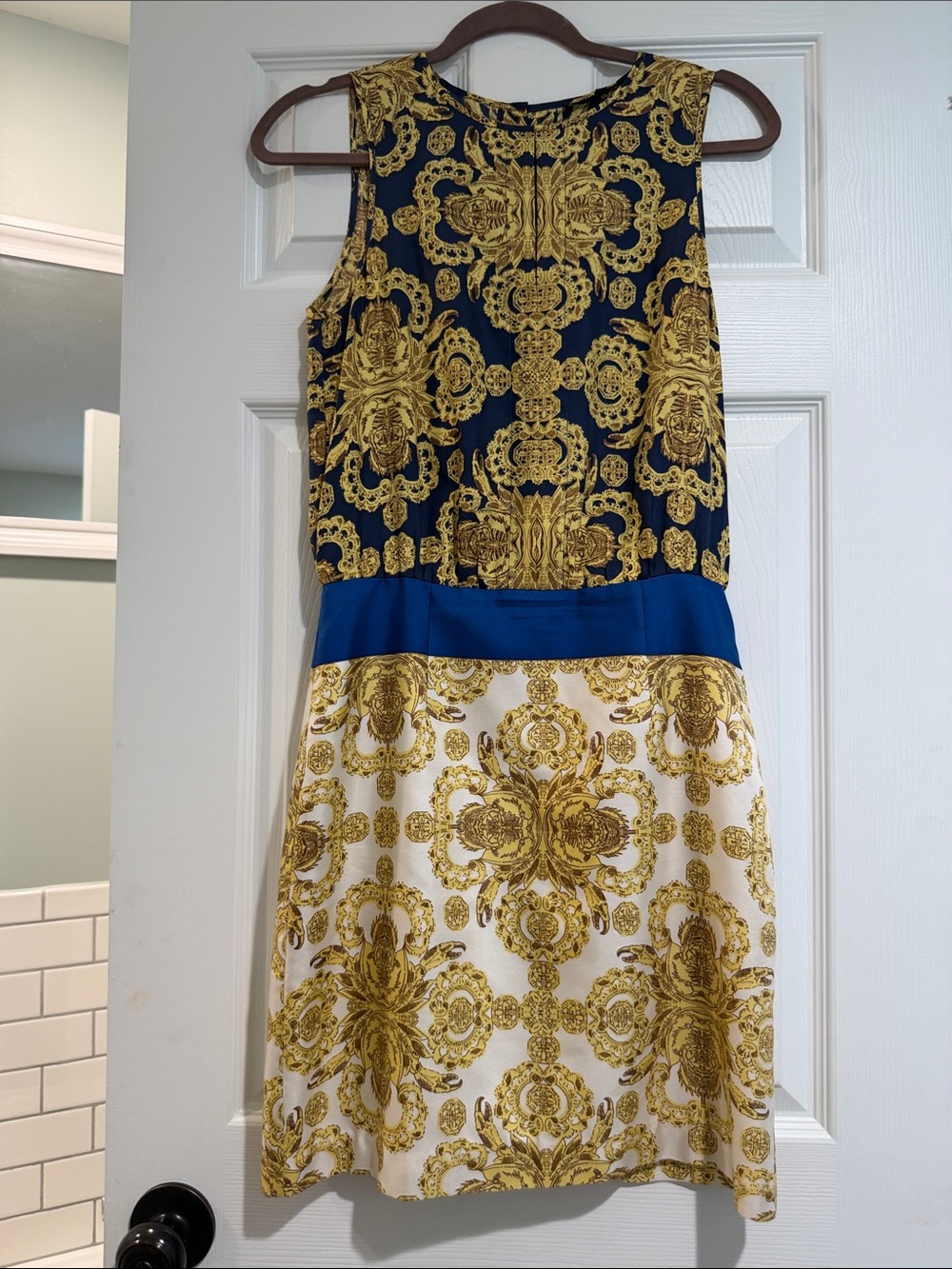 Tibi Navy, Gold and Cream Mini  Silk Dress with Blue Waistband